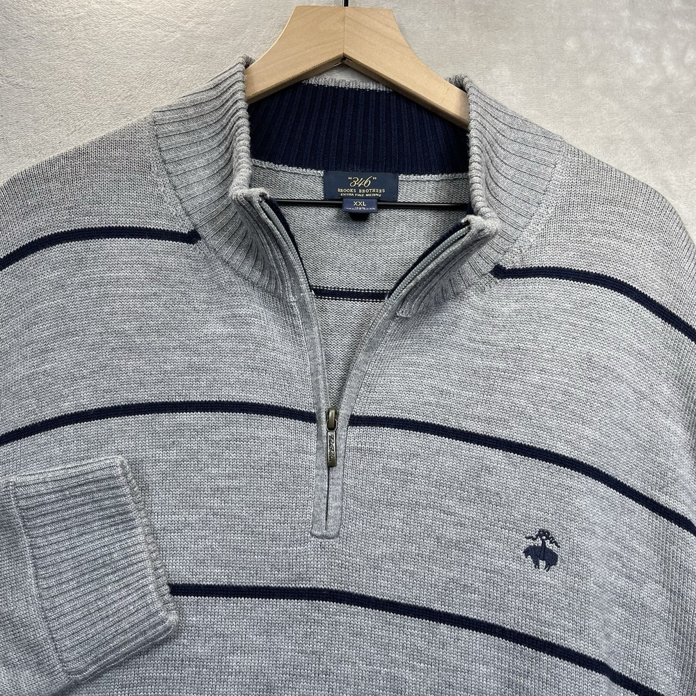 Brooks Brothers 346 Sweater Mens XXL Gray Striped Merino Wool Quarter Zip
